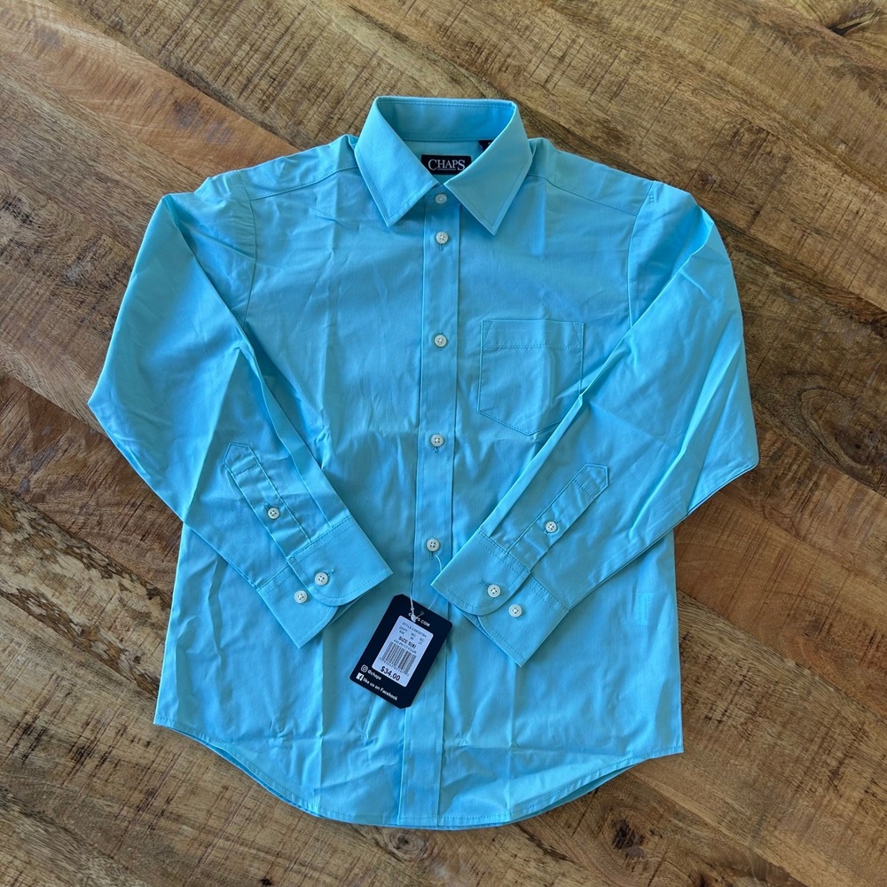 Chaps Boys Aqua Blue Stretch Long Sleeve Button Down Dress Shirt C8B0079H Size 8